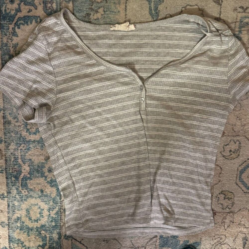 Grey and white Striped V Neck Top with buttons